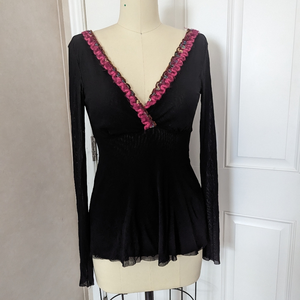 Sweet Pea Mesh Long Sleeve Blouse with Neckline Trim - Picture 1 of 6
